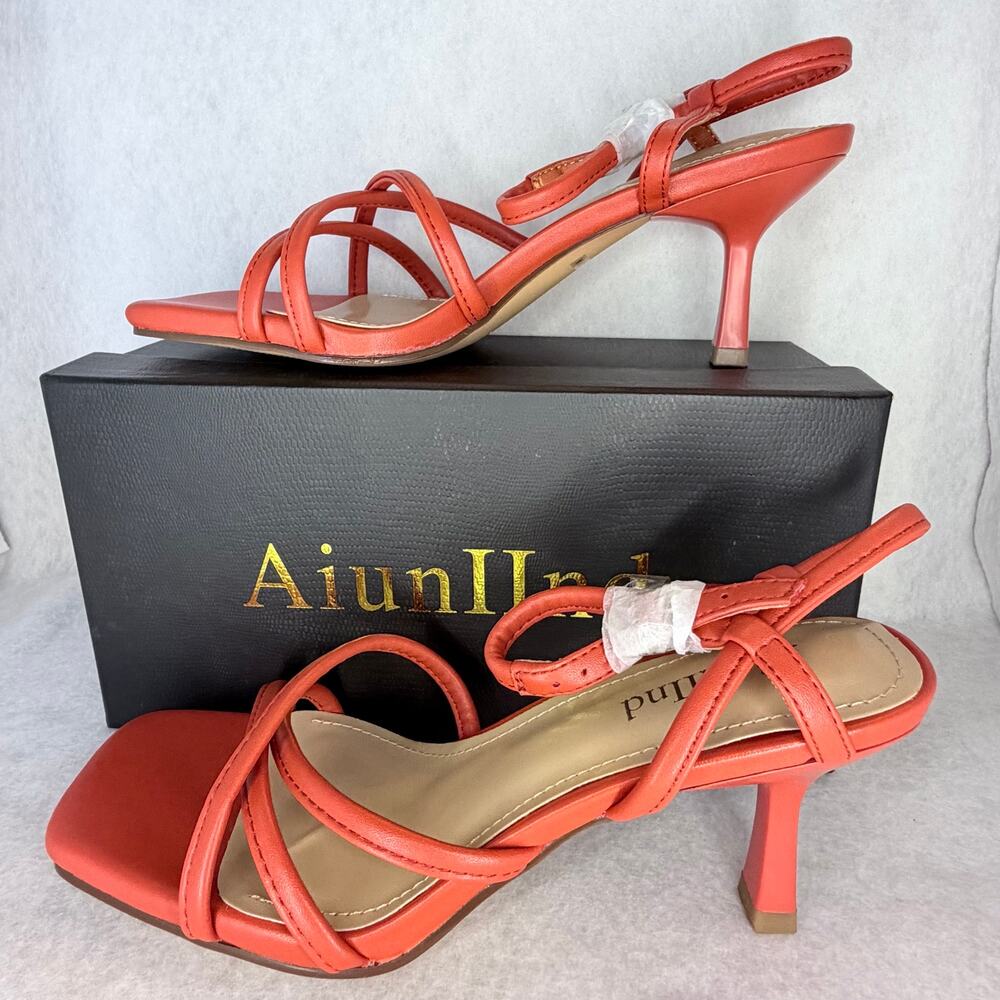 Aiunllnd Womens 6 Orange Strappy Kitten Heels Homecoming Holiday NIB